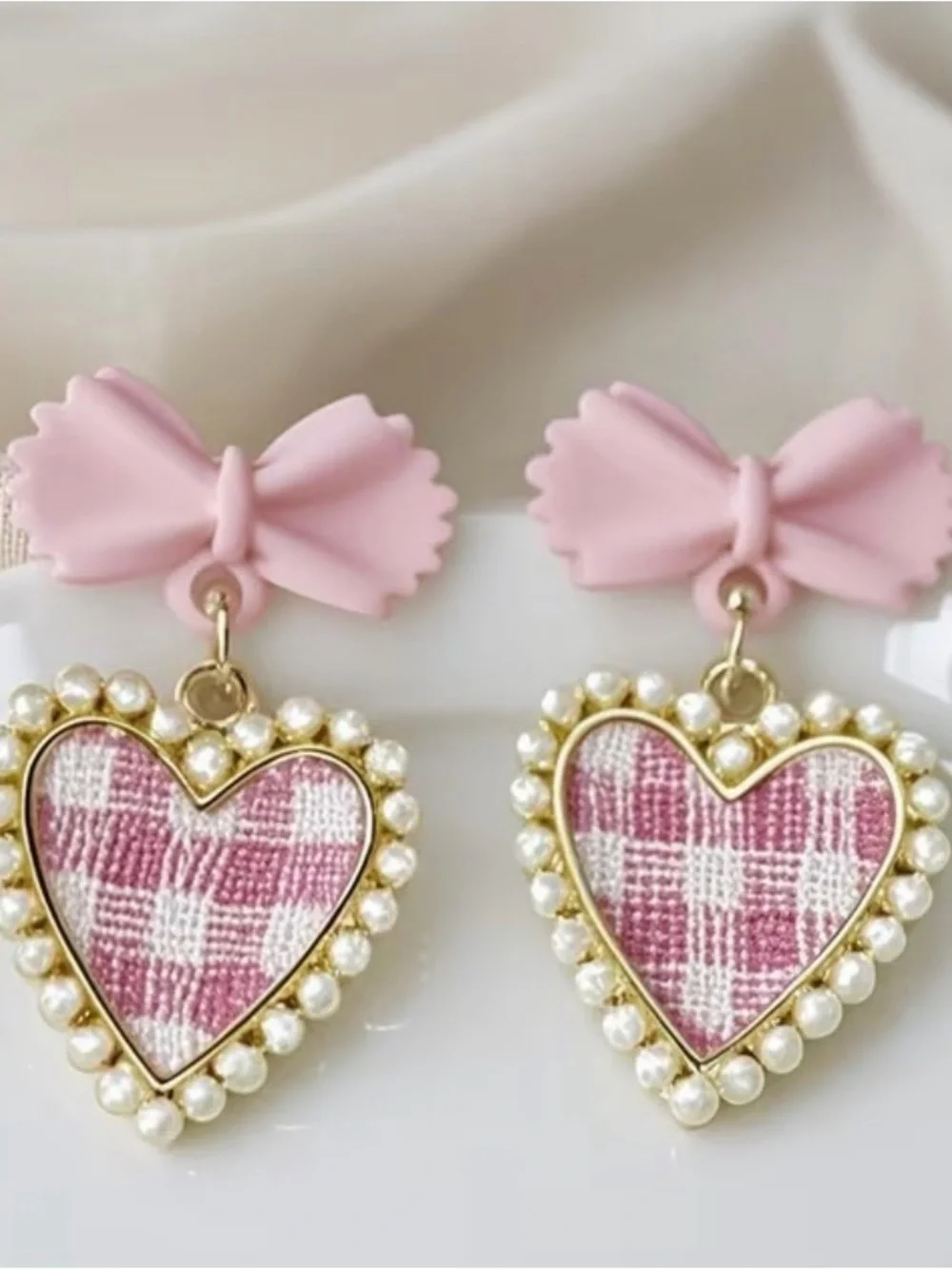 Pink Bow & Heart Pearl Drop Earrings for Kids